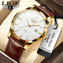 Relógio Masculino LIGE Luxo Militar – Pulseira de Couro, à Prova d'Água, com Data, Semana e Ponteiros Luminosos + Caixa Exclusiva