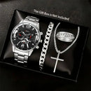 Relógio de quartzo masculino luxuoso, 4 peças, liga de ouro, romano, com calendário, relógio de pulso, colar com pulseira e anel, presente masculino