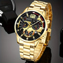 Relógio de quartzo masculino luxuoso, 4 peças, liga de ouro, romano, com calendário, relógio de pulso, colar com pulseira e anel, presente masculino