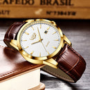 Relógio Masculino LIGE Luxo Militar – Pulseira de Couro, à Prova d'Água, com Data, Semana e Ponteiros Luminosos + Caixa Exclusiva