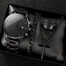Relógio de quartzo masculino luxuoso, 4 peças, liga de ouro, romano, com calendário, relógio de pulso, colar com pulseira e anel, presente masculino