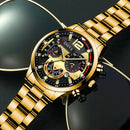 Relógio de quartzo masculino luxuoso, 4 peças, liga de ouro, romano, com calendário, relógio de pulso, colar com pulseira e anel, presente masculino