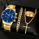 Relógio de quartzo masculino luxuoso, 4 peças, liga de ouro, romano, com calendário, relógio de pulso, colar com pulseira e anel, presente masculino