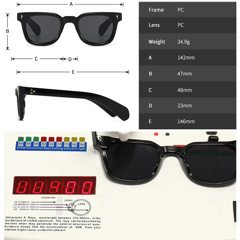 Óculos de sol quadrados retrô Shauna masculinos com rebites UV400