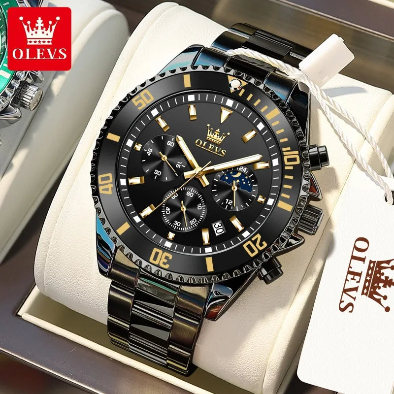 Relógio Masculino OLEVS Luxo Dourado à Prova d'Água com Cronômetro