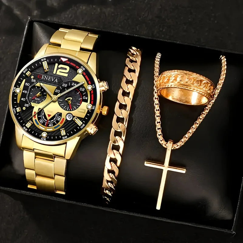 Relógio de quartzo masculino luxuoso, 4 peças, liga de ouro, romano, com calendário, relógio de pulso, colar com pulseira e anel, presente masculino