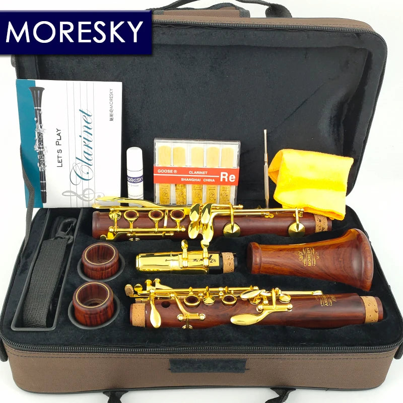 Clarinete Profissional MORESKY em Madeira Vermelha (Rosewood/Mopane) Sib (Bb) – Chaves Folheadas a Ouro – Modelo M17