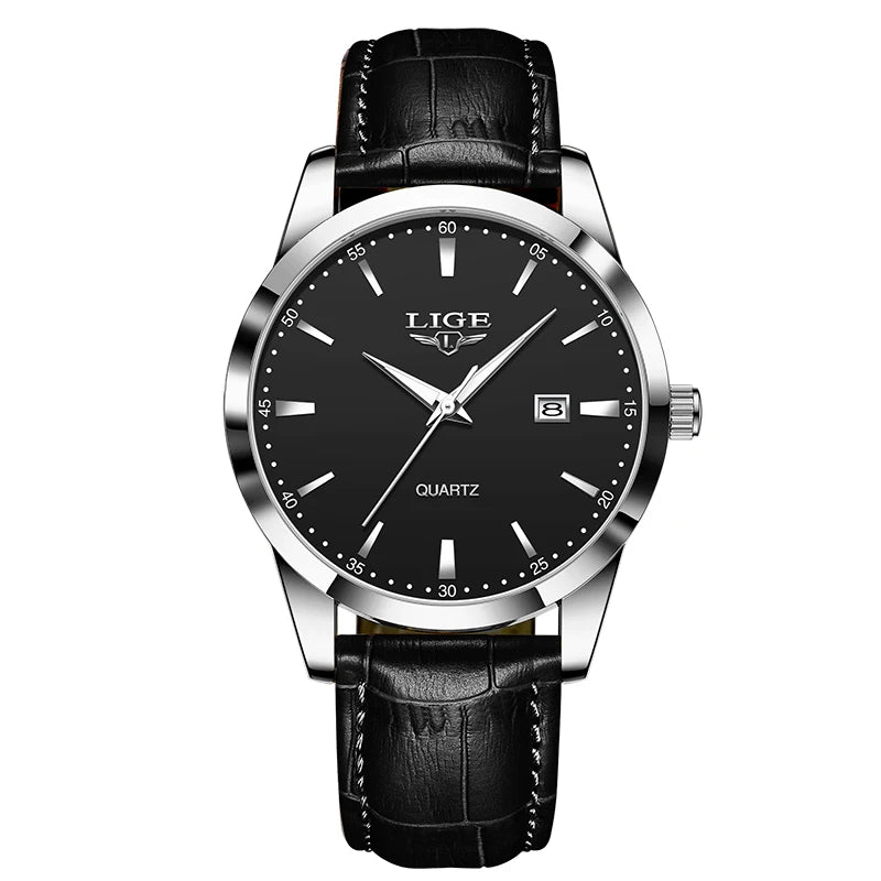 Relógio Masculino LIGE Luxo Militar – Pulseira de Couro, à Prova d'Água, com Data, Semana e Ponteiros Luminosos + Caixa Exclusiva