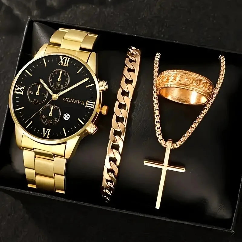 Relógio de quartzo masculino luxuoso, 4 peças, liga de ouro, romano, com calendário, relógio de pulso, colar com pulseira e anel, presente masculino