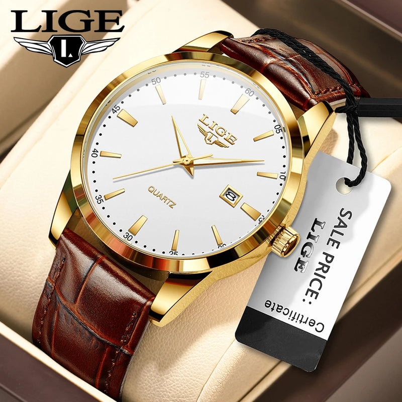Relógio Masculino LIGE Luxo Militar – Pulseira de Couro, à Prova d'Água, com Data, Semana e Ponteiros Luminosos + Caixa Exclusiva