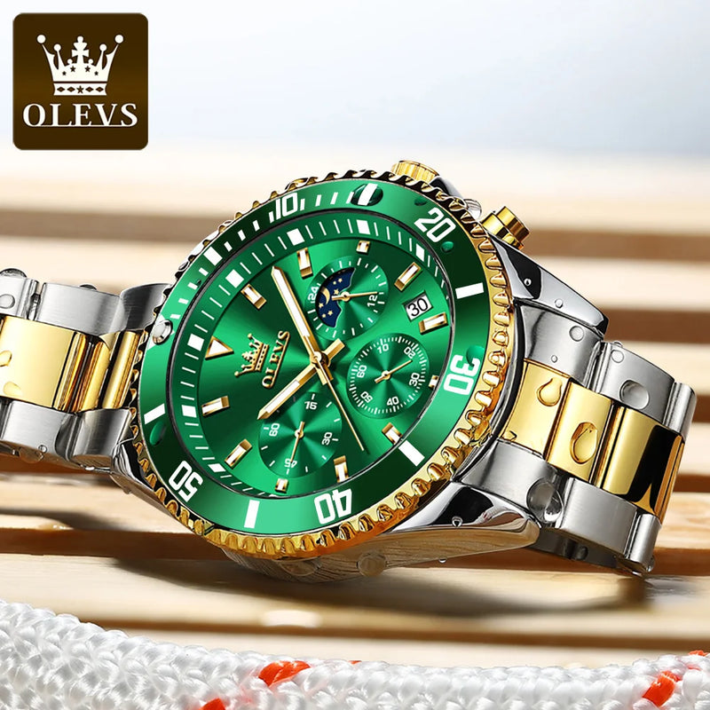 Relógio Masculino OLEVS Luxo Dourado à Prova d'Água com Cronômetro