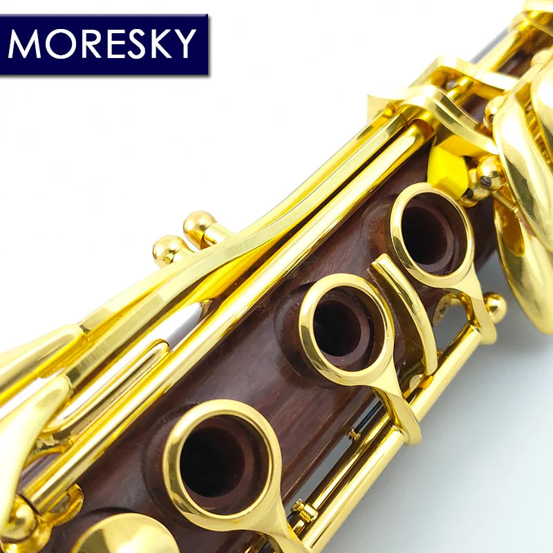 Clarinete Profissional MORESKY em Madeira Vermelha (Rosewood/Mopane) Sib (Bb) – Chaves Folheadas a Ouro – Modelo M17