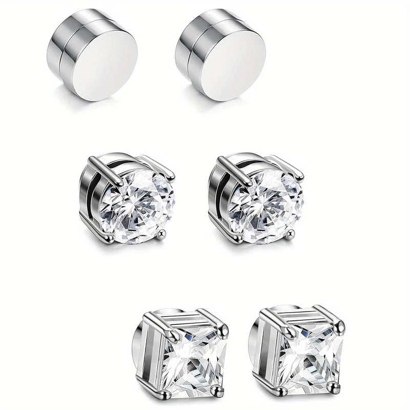 Brincos Magnéticos de 6MM com Cristal de Zircônia para Homens – Aço Inox Punk Sem Dor e Sem Furo
