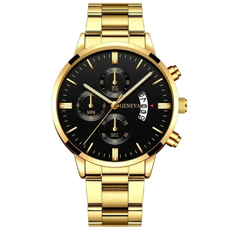 Relógio de quartzo masculino luxuoso, 4 peças, liga de ouro, romano, com calendário, relógio de pulso, colar com pulseira e anel, presente masculino