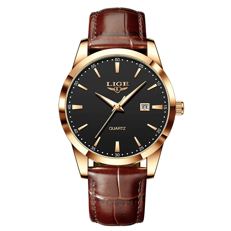 Relógio Masculino LIGE Luxo Militar – Pulseira de Couro, à Prova d'Água, com Data, Semana e Ponteiros Luminosos + Caixa Exclusiva