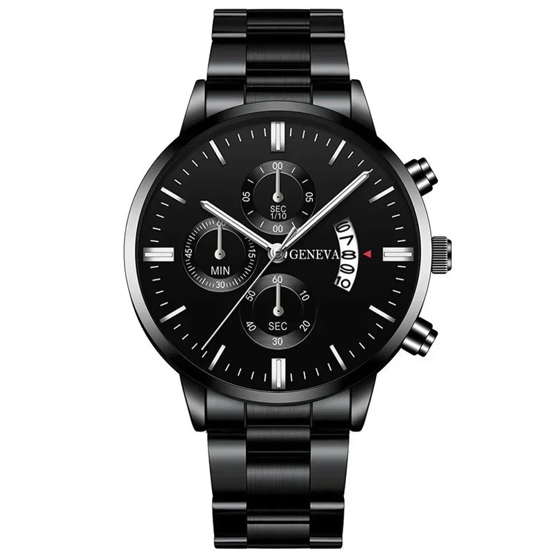 Relógio de quartzo masculino luxuoso, 4 peças, liga de ouro, romano, com calendário, relógio de pulso, colar com pulseira e anel, presente masculino