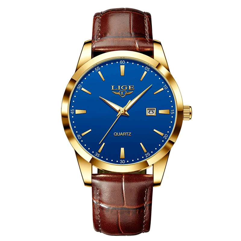 Relógio Masculino LIGE Luxo Militar – Pulseira de Couro, à Prova d'Água, com Data, Semana e Ponteiros Luminosos + Caixa Exclusiva