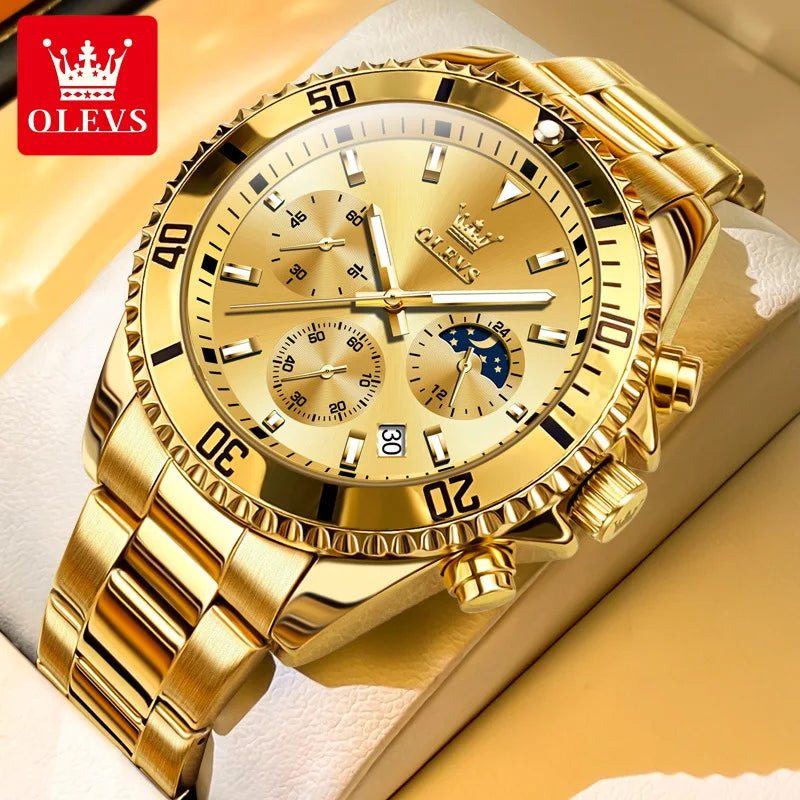 Relógio Masculino OLEVS Luxo Dourado à Prova d'Água com Cronômetro