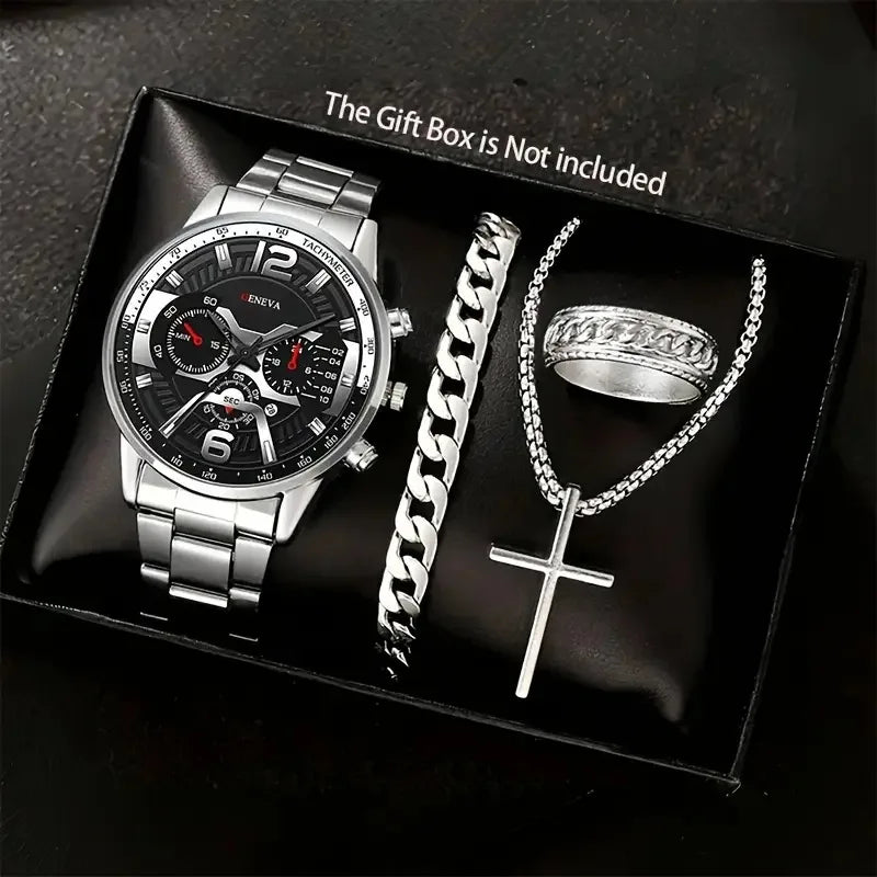 Relógio de quartzo masculino luxuoso, 4 peças, liga de ouro, romano, com calendário, relógio de pulso, colar com pulseira e anel, presente masculino