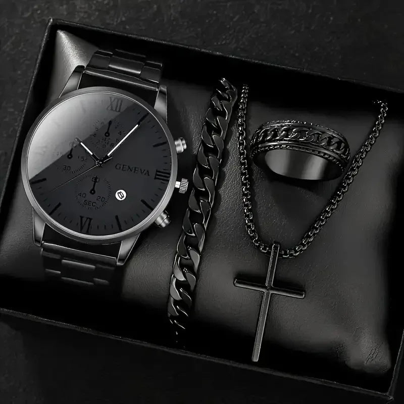 Relógio de quartzo masculino luxuoso, 4 peças, liga de ouro, romano, com calendário, relógio de pulso, colar com pulseira e anel, presente masculino