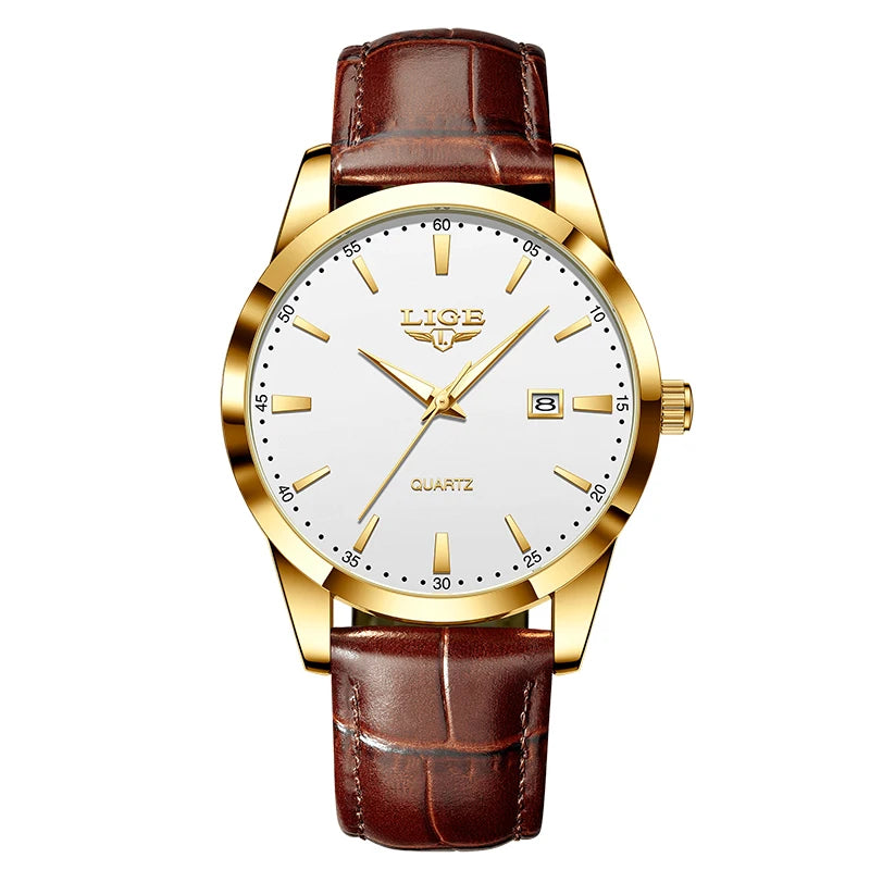 Relógio Masculino LIGE Luxo Militar – Pulseira de Couro, à Prova d'Água, com Data, Semana e Ponteiros Luminosos + Caixa Exclusiva
