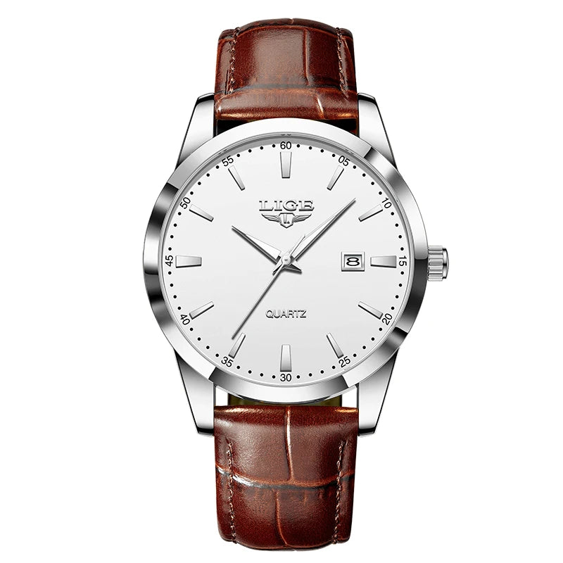 Relógio Masculino LIGE Luxo Militar – Pulseira de Couro, à Prova d'Água, com Data, Semana e Ponteiros Luminosos + Caixa Exclusiva