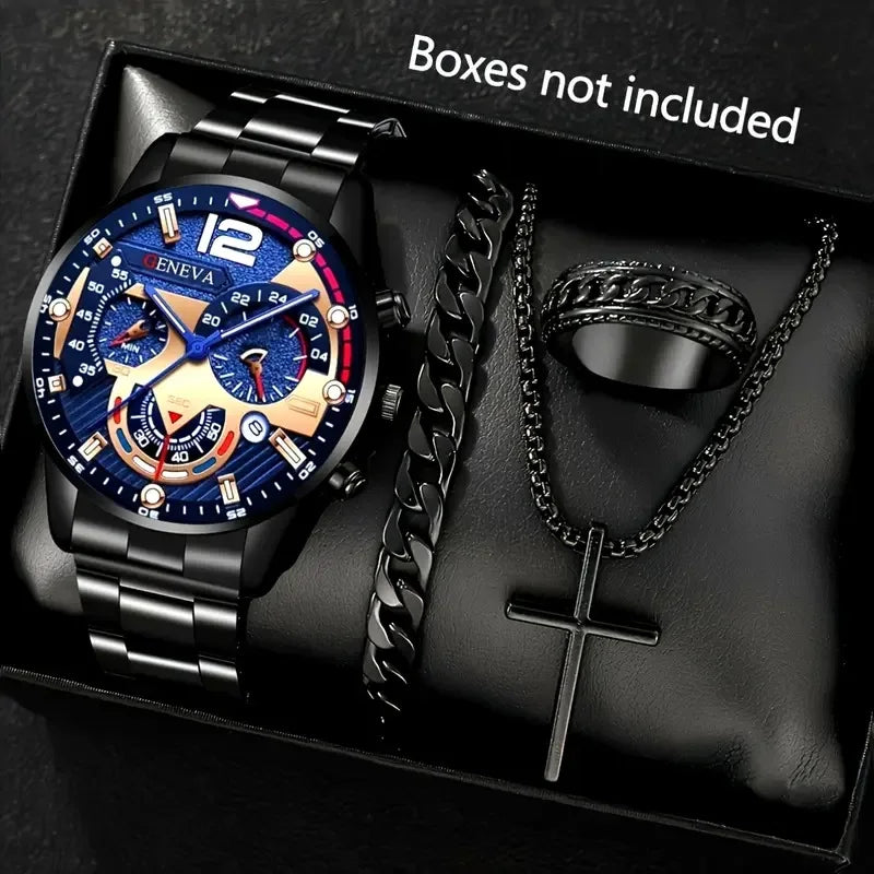 Relógio de quartzo masculino luxuoso, 4 peças, liga de ouro, romano, com calendário, relógio de pulso, colar com pulseira e anel, presente masculino