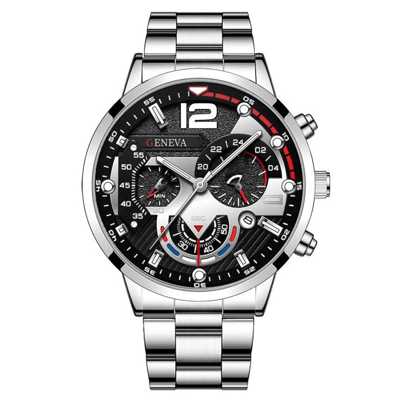 Relógio de quartzo masculino luxuoso, 4 peças, liga de ouro, romano, com calendário, relógio de pulso, colar com pulseira e anel, presente masculino