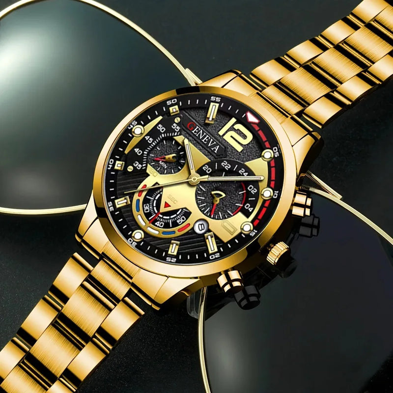 Relógio de quartzo masculino luxuoso, 4 peças, liga de ouro, romano, com calendário, relógio de pulso, colar com pulseira e anel, presente masculino