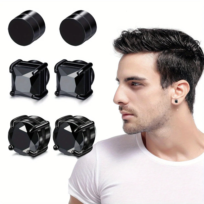 Brincos Magnéticos de 6MM com Cristal de Zircônia para Homens – Aço Inox Punk Sem Dor e Sem Furo