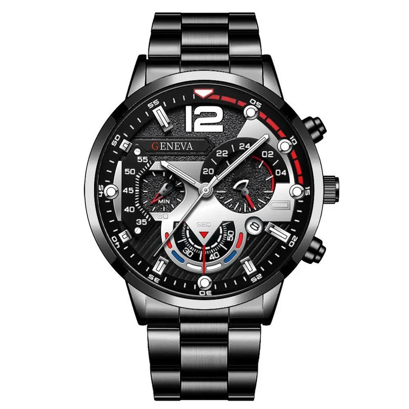 Relógio de quartzo masculino luxuoso, 4 peças, liga de ouro, romano, com calendário, relógio de pulso, colar com pulseira e anel, presente masculino