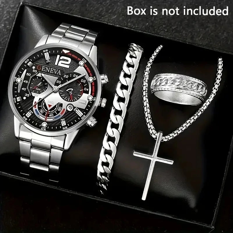 Relógio de quartzo masculino luxuoso, 4 peças, liga de ouro, romano, com calendário, relógio de pulso, colar com pulseira e anel, presente masculino