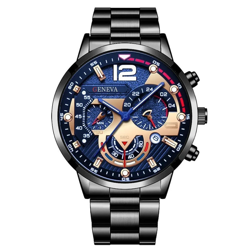 Relógio de quartzo masculino luxuoso, 4 peças, liga de ouro, romano, com calendário, relógio de pulso, colar com pulseira e anel, presente masculino