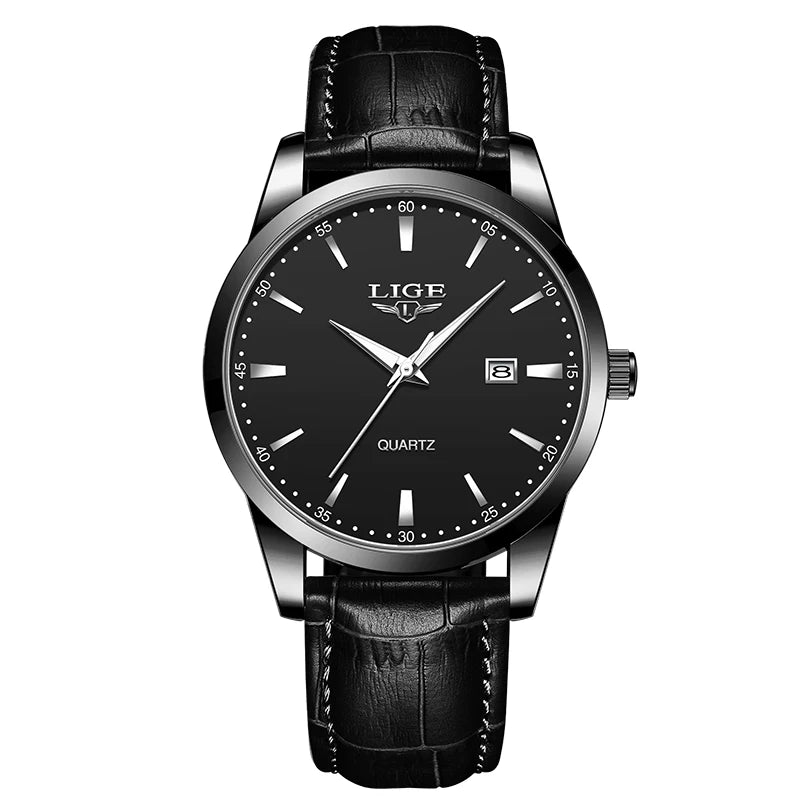 Relógio Masculino LIGE Luxo Militar – Pulseira de Couro, à Prova d'Água, com Data, Semana e Ponteiros Luminosos + Caixa Exclusiva