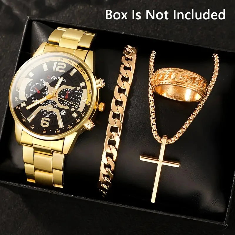 Relógio de quartzo masculino luxuoso, 4 peças, liga de ouro, romano, com calendário, relógio de pulso, colar com pulseira e anel, presente masculino