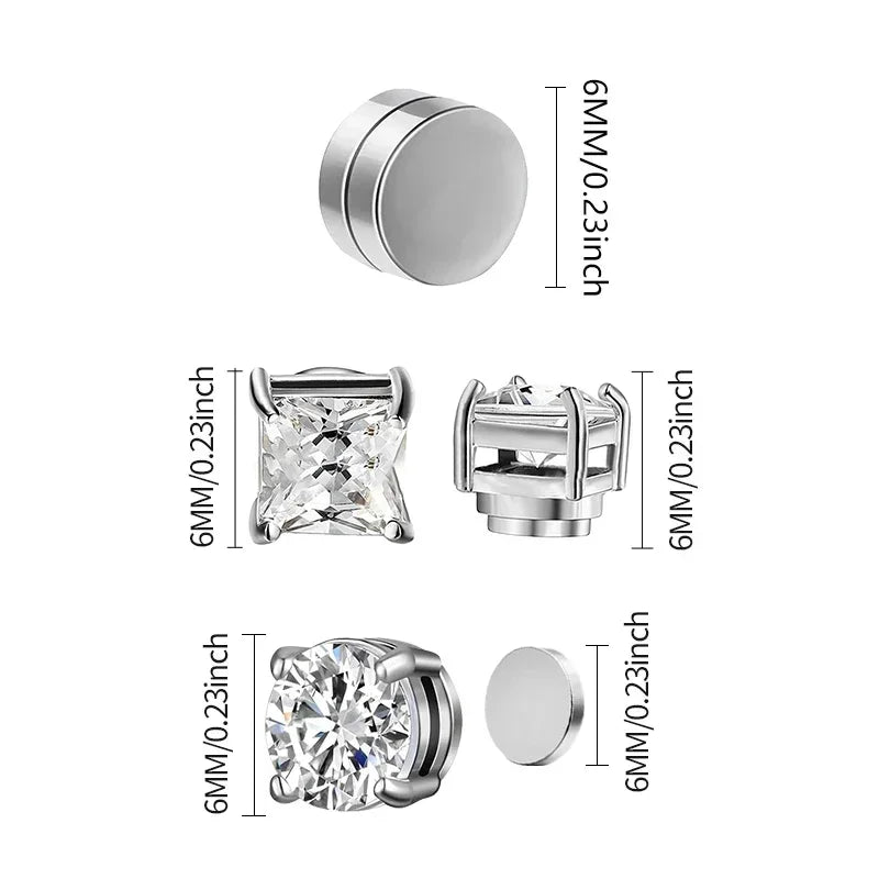 Brincos Magnéticos de 6MM com Cristal de Zircônia para Homens – Aço Inox Punk Sem Dor e Sem Furo
